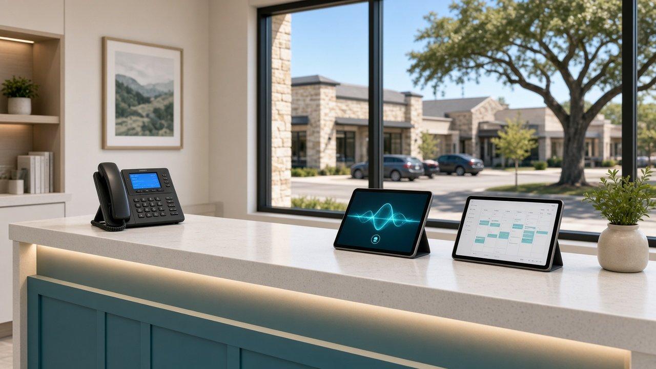 Bright clinic front desk in a Round Rock, Texas retail center with a desk phone and tablets showing an incoming call and appointment calendar, representing an AI voice receptionist answering and booking calls